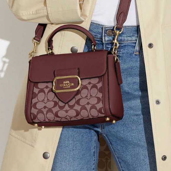 Morgan Top Handle Satchel In Signature Chambray Gold/Wine - Picture 5 of 6